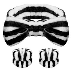 WSYUB makeup headband with black-white stripe bow keeps hair away during makeup and skincare.