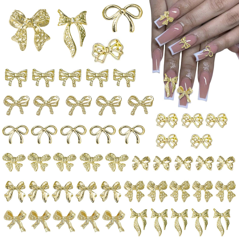 WSimily 50pcs gold bow charms closeup—premium alloy detail for chic nail art