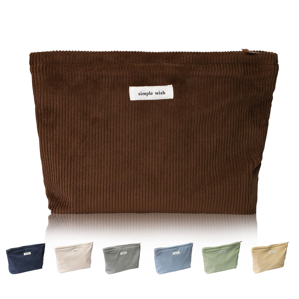 Wudygirl corduroy makeup bag in coffee front view shows compact, portable storage.