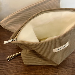 Wudygirl corduroy makeup bag camel open top reveals organization