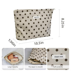 Wudygirl corduroy makeup bag zipper closure for secure travel storage.