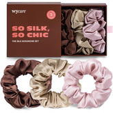 Wycare silk scrunchie in chocolate color promotes gentle, tangle-free morning routine.