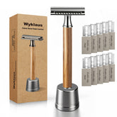Wyklaus double-edge razor metal head close-up for precise, comfortable shave