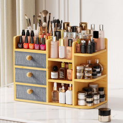 X-cosrack large bamboo makeup organizer front view with roomy storage for quick routines.