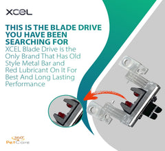 XCEL blade drive metal bar closeup shows durability for steady clipping.