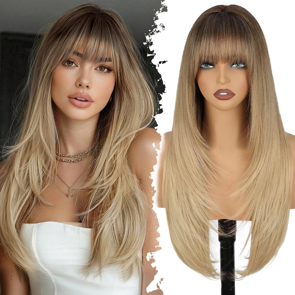XIXIBI Blonde wig with bangs shows a natural 4x4 scalp part for flexible styling.