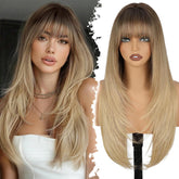 XIXIBI Blonde wig with bangs shows a natural 4x4 scalp part for flexible styling.