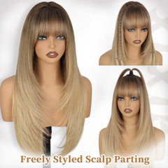 XIXIBI blonde wig with bangs demonstrates long layering for added volume.