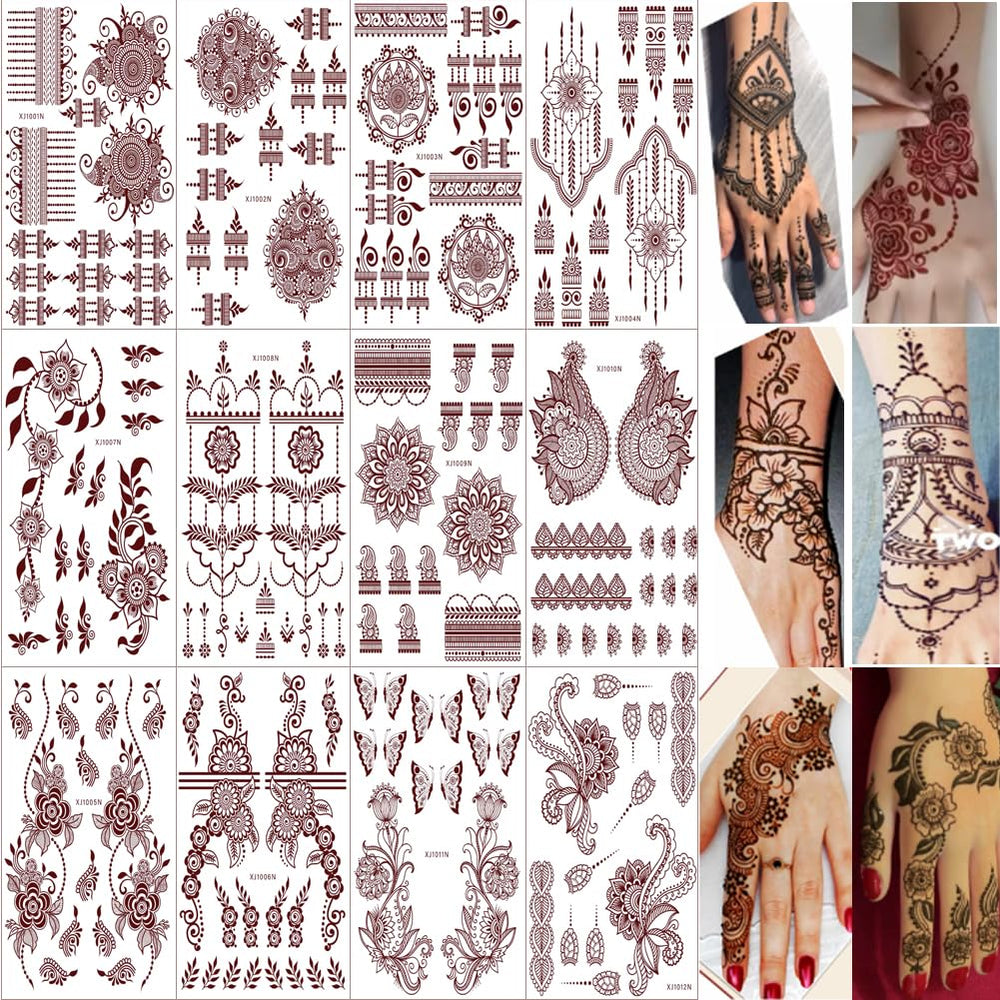 XMASIR 12-sheet henna tattoo kit displayed for body art designs.