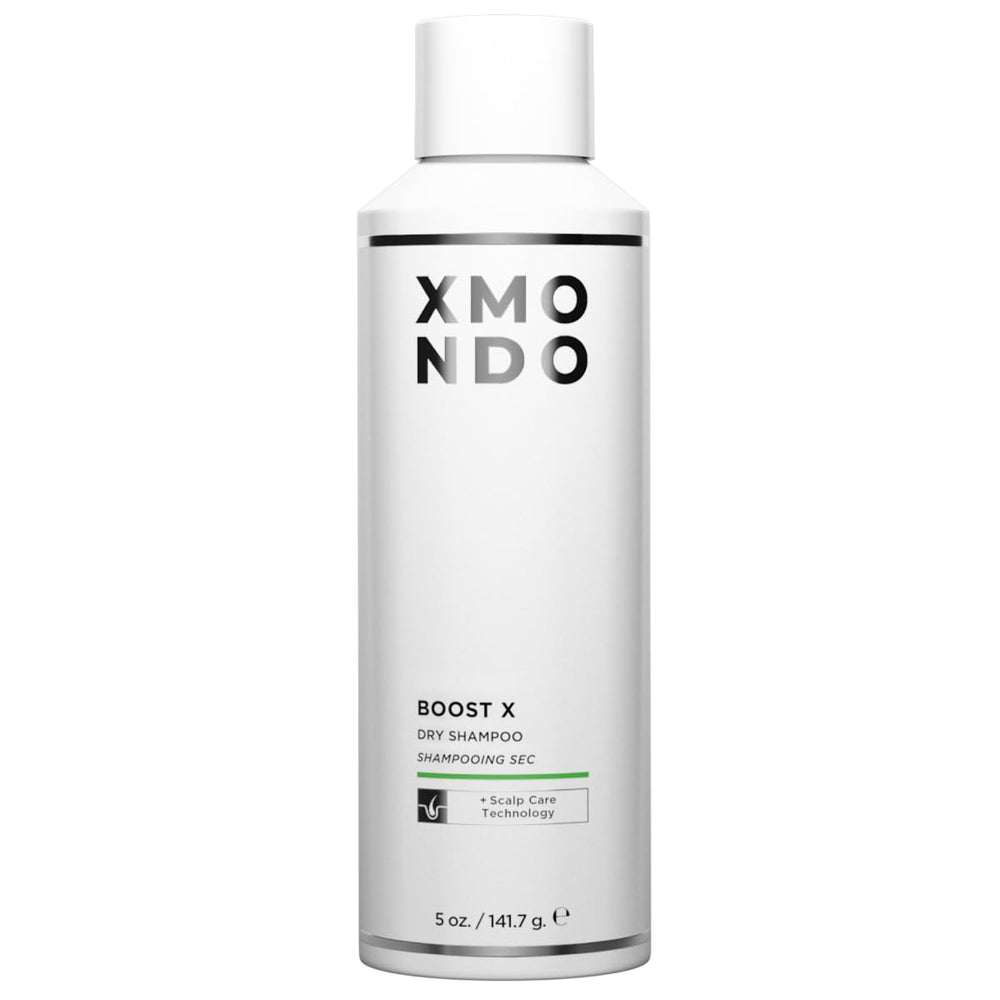 XMONDO Hair BOOST X Dry Shampoo bottle showing oil-absorbing formula for refreshed hair