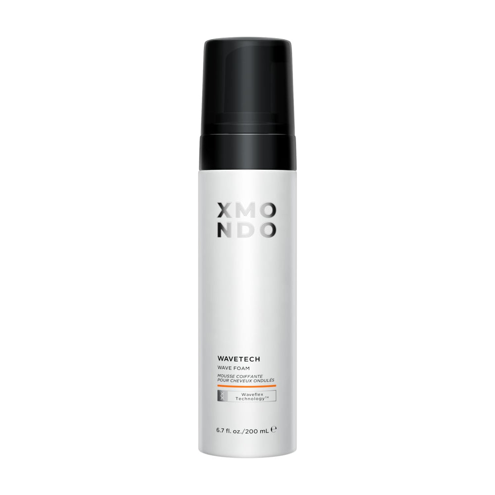 XMONDO Wave Foam bottle closeup, vegan formula for defined, frizz-free waves.