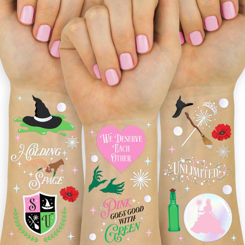 xo, Fetti pink-green witch tattoos sheet with iridescent foil for festive party vibes