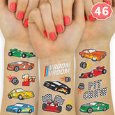 xo fetti race car tattoos sheet close-up showing foil designs for waterproof party wear