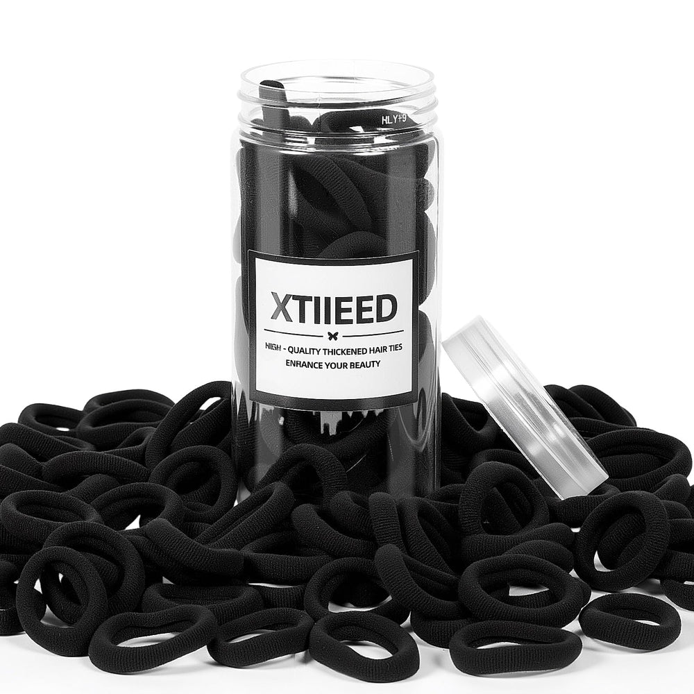 XTIIEED 100pcs hair-ties-pack closeup shows soft fabric for snag-free ponytails.