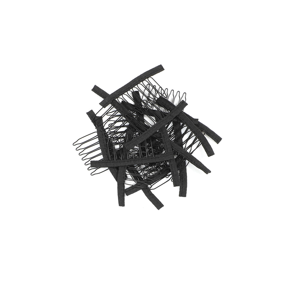 Xuxisowo wig clips pack shows 30 black 7-teeth clips for secure wig attachment