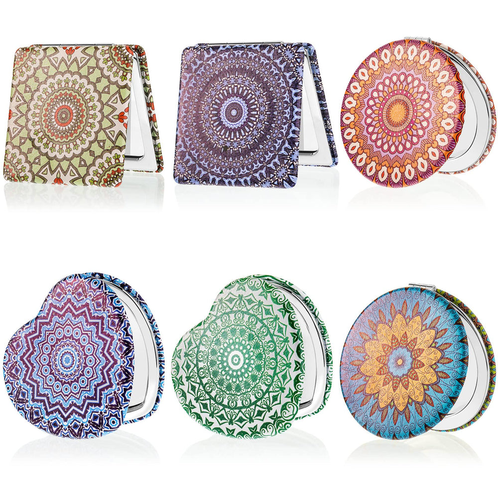Yalikop mandala square pocket mirror with double magnification for precise makeup touch-ups.