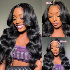 Yamikk 13x6 body wave wig natural black close-up highlights soft texture.