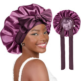 Yanibest adjustable satin bonnet on head provides gentle hair protection while sleeping