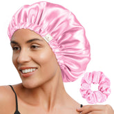 YANIBEST adjustable satin bonnet pink closeup shows gentle fit reducing friction for smoother curls.