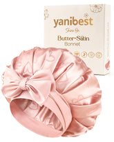 YANIBEST adjustable satin bonnet with tie band secures overnight protection for curly hair.