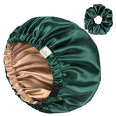 YANIBEST green butter-satin bonnet front view protects curls with soft, low-friction satin.