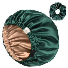 YANIBEST green butter-satin bonnet front view protects curls with soft, low-friction satin.