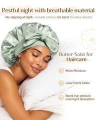 YANIBEST satin bonnet green tie-band closeup highlighting secure overnight wear