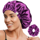 YANIBEST satin bonnet purple front view shows soft butter-satin texture for hair protection.