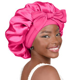 YANIBEST Silk Bonnet front view in pink reduces friction for overnight hair care