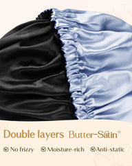 YANIBEST sky blue satin bonnet on bed promotes smooth morning hair and restful sleep.