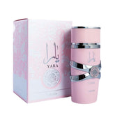 Yara Pink Eau De Parfum bottle angled, showcases long lasting fragrance for daily wear.