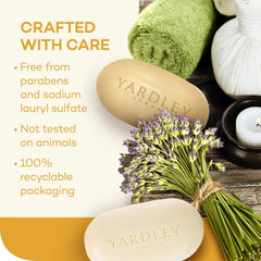 Sweet almond oil droplets depicted in Yardley bath bar for hydration.