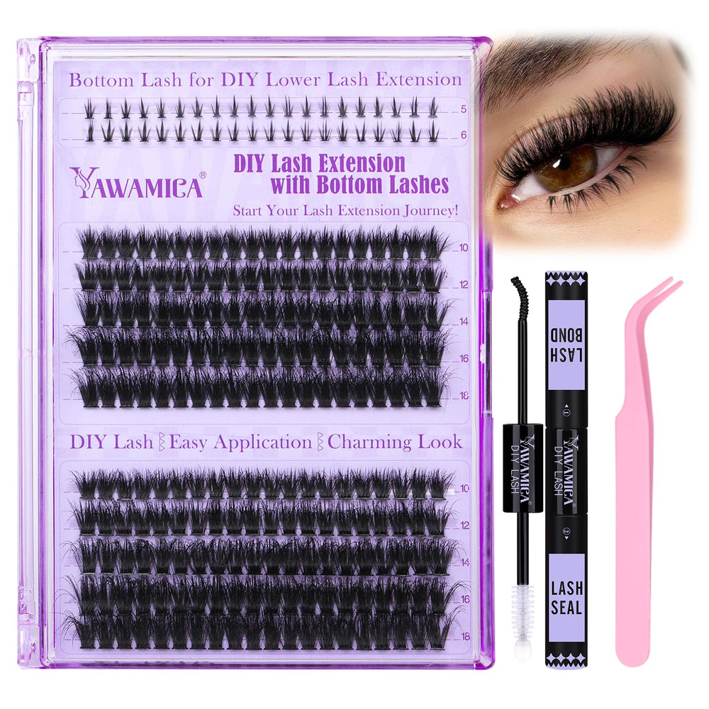 Yawamica lash clusters kit packaging highlights a complete at-home lash set for beginners.