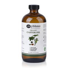 YBHMO cold pressed castor oil pour bottle shows pure hexane-free nourishment for hair and skin.