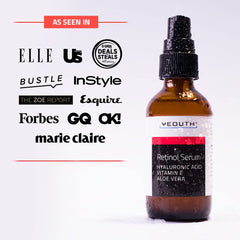 YEOUTH Retinol Serum bottle showing Hyaluronic Acid for lasting hydration.