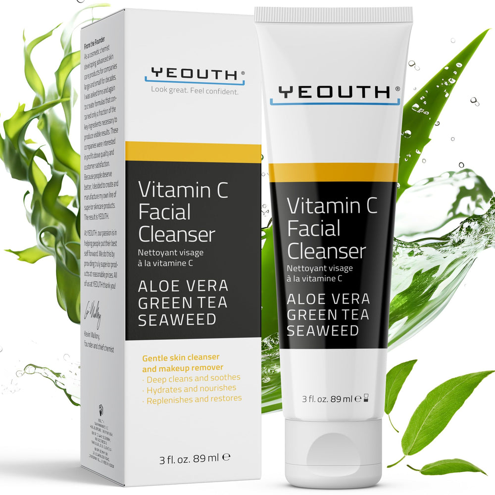 YEOUTH Vitamin C cleanser bottle pour shows oil-free, refreshing cleanse for daily use.