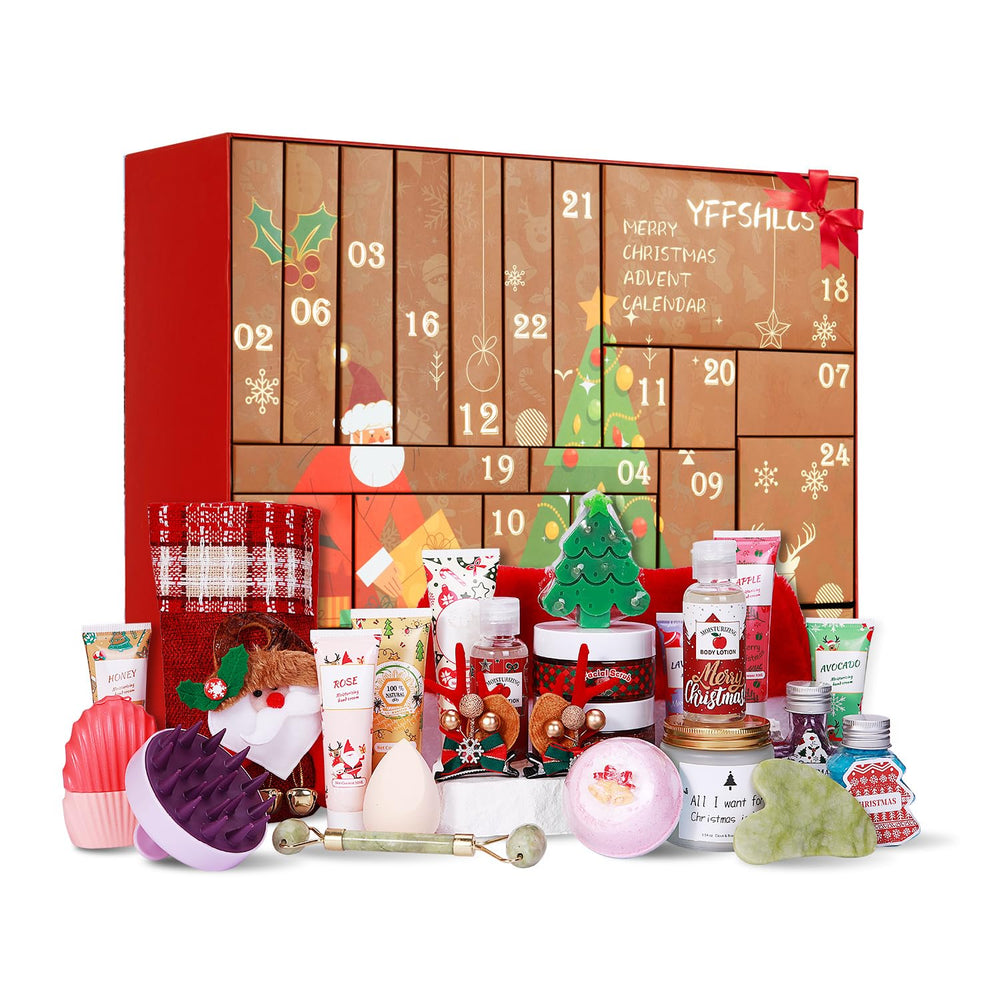 YFFSHLCS Advent Calendar 2025 cover with Santa and trees, festive packaging.