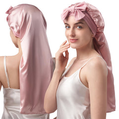 YFONG double-layered silk bonnet pink front view promotes smoother hair overnight