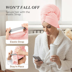YFONG large hair towel wrap shows elastic band securing during workouts.