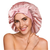 YFONG silk bonnet pink front view for comfortable overnight hair protection