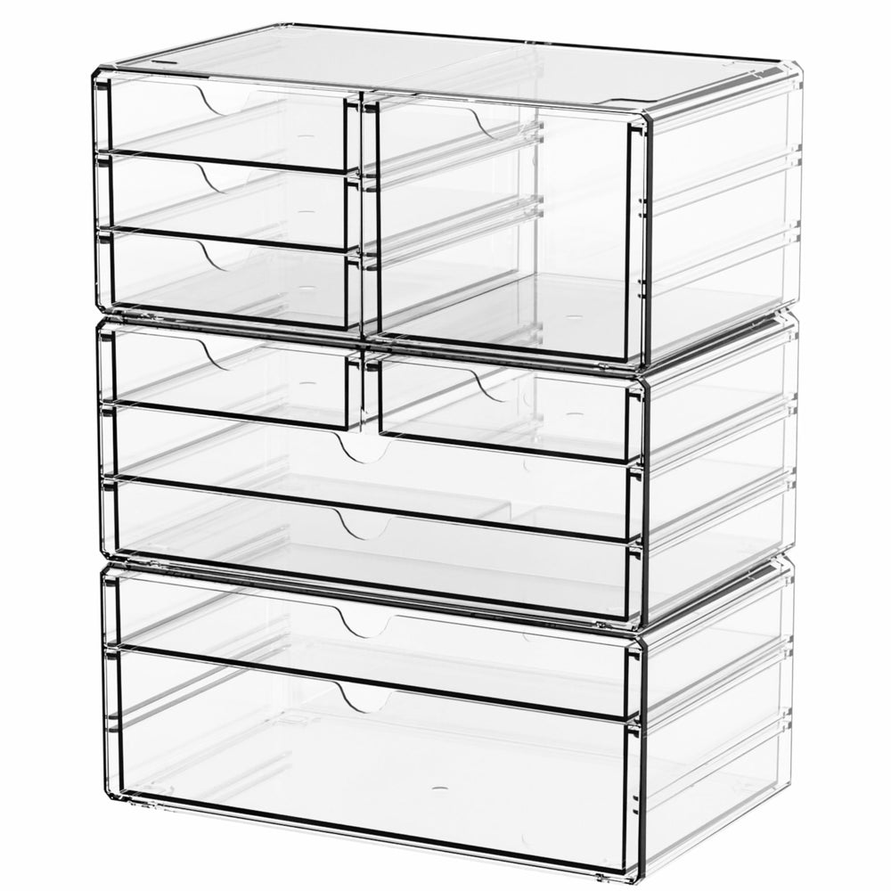 Yieach 3-pack clear storage drawers front view showing stackable design for space saving