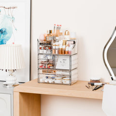 Yieach 3-pack clear makeup organizer stackable drawers demonstrate vertical storage.