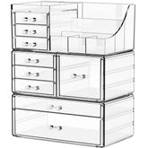 Yieach 3-pack clear makeup organizer top view keeps cosmetics at a glance.