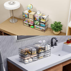 Yieach makeup organization on vanity with easy access to items