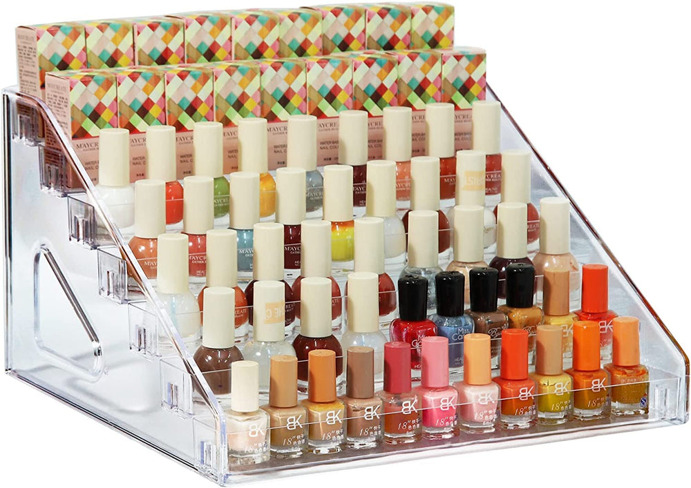 YIEZI nail polish organizer displays 84 bottles across seven clear acrylic shelves.