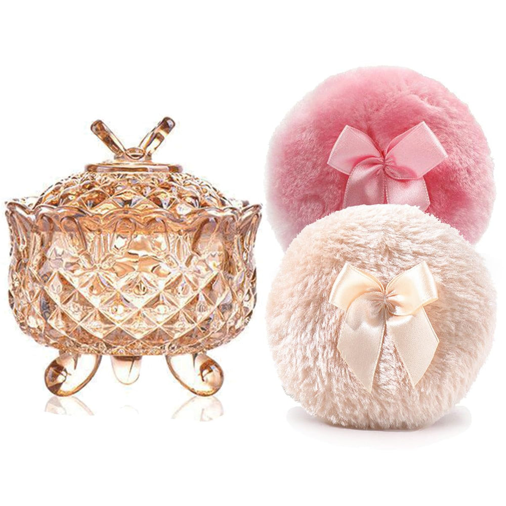 YILUSHENGHUA Butterfly-Amberl glass powder jar on a vanity for talcum powder storage and display