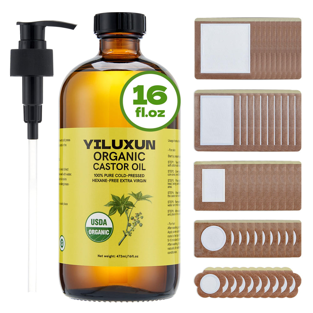 YILUXUN castor oil pack box with 50 patches and oil for convenient at-home use