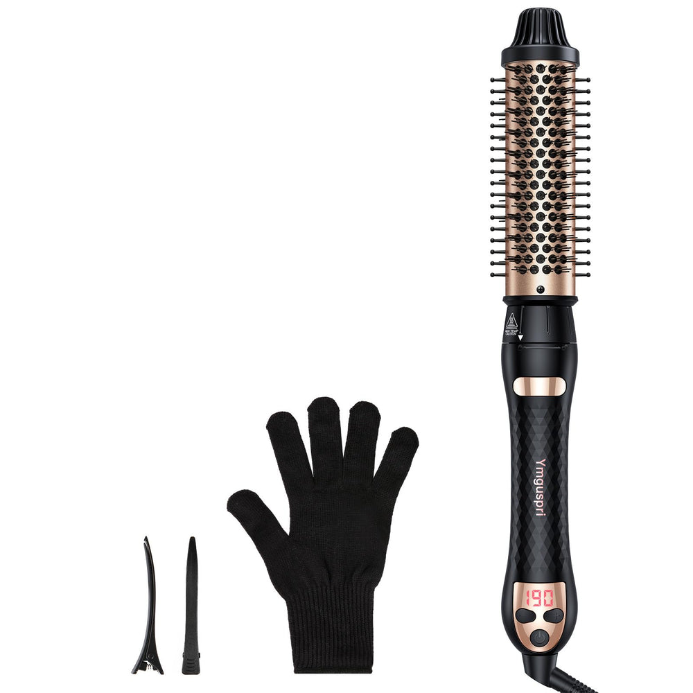 Ymguspri thermal brush close up shows ceramic barrel for smooth styling and frizz control.