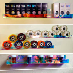 YMVV iridescent acrylic shelf shows color shifts from different angles.