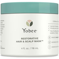 Yobee Restorative Scalp Mask tub front highlighting probiotic-powered formula for dry scalp relief.